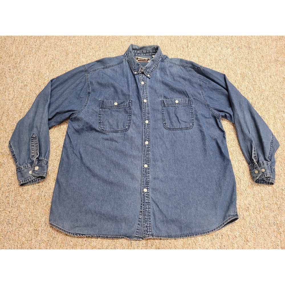 Rustler‎ Denim Shirt Mens XL Blue Long Sleeve Button Down Workwear Western